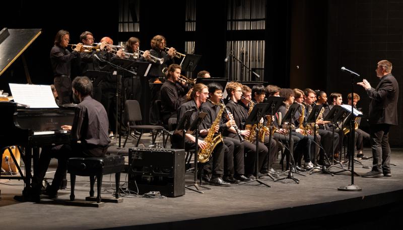 The jazz ensemble performs on the Ferst stage